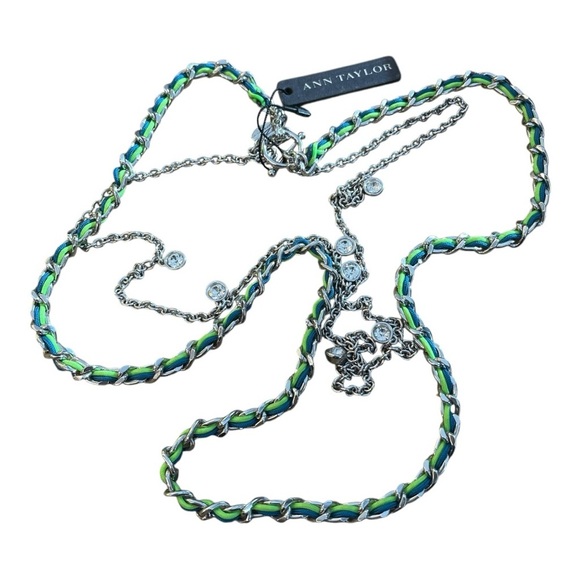 NWT Ann Taylor Necklace Layered Crystal Stations Green Blue Braided Chain 34" - Picture 3 of 7
